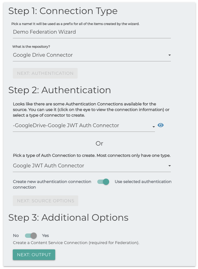 Content Service Connection Wizard Steps