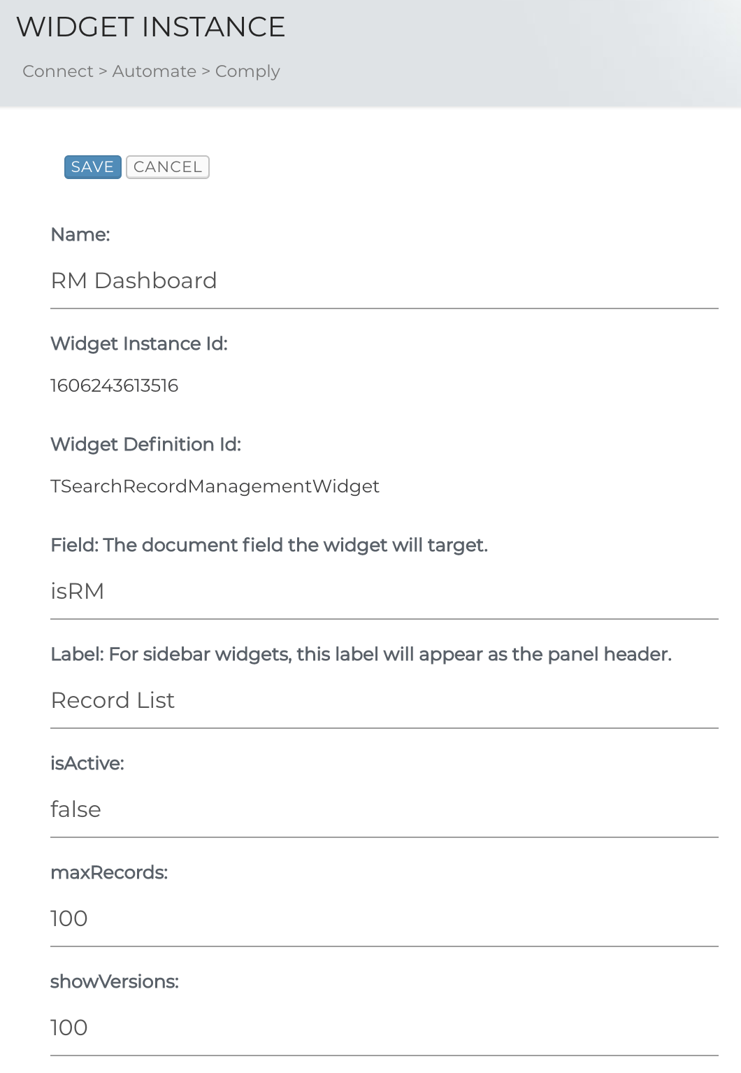 Create RM Dashboard Widget Instance