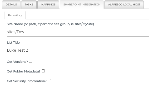Sharepoint Integration Repository Configuration